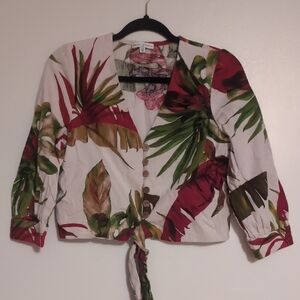 Tropical Print Button-Up Blouse